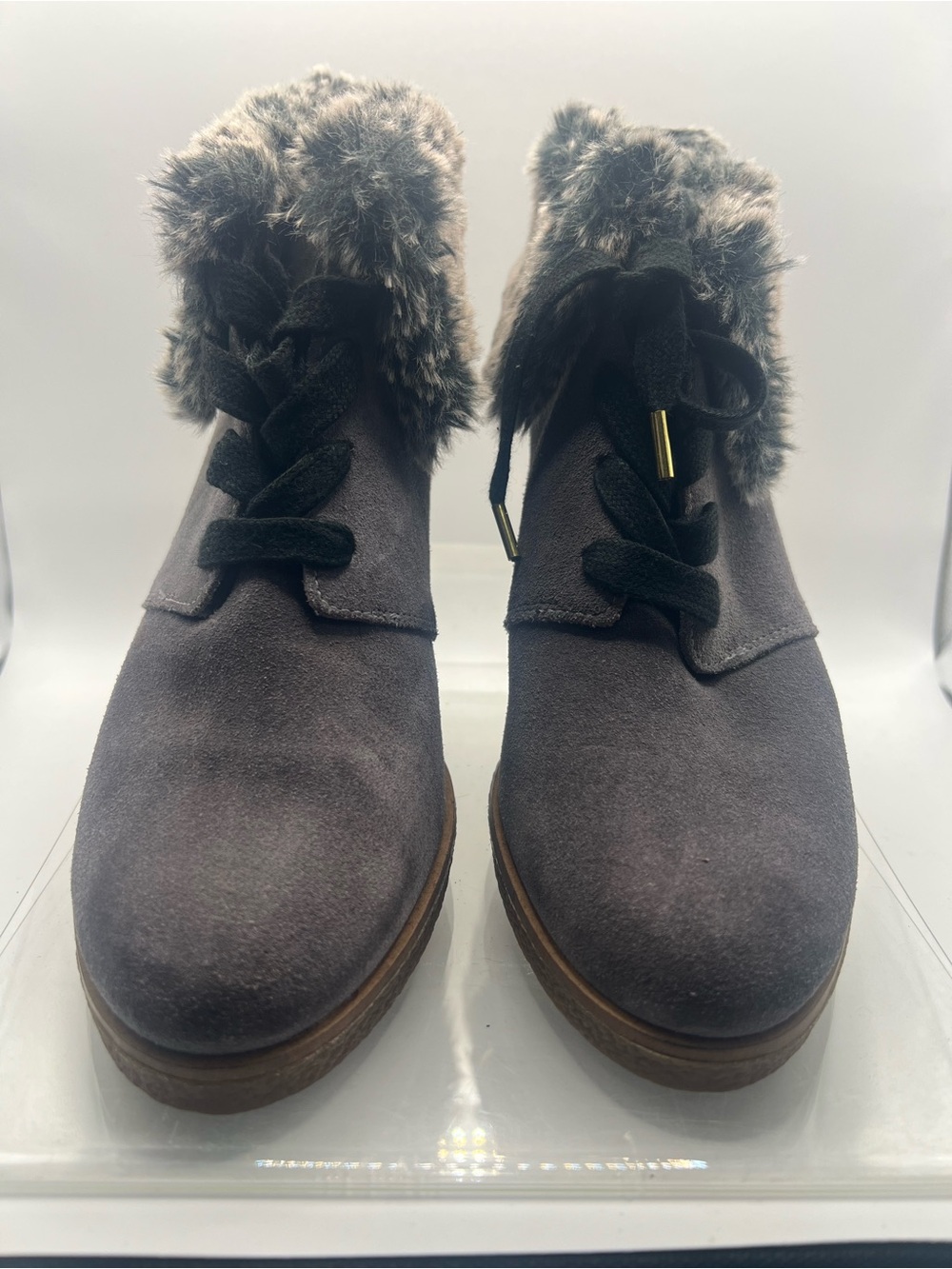 Cole Haan Gray Suede Faux Fur Trim Wedge Ankle Lace-Up Booties - Women's 6B